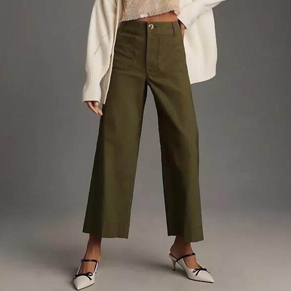 Maeve Anthropologie The Colette Wide Leg Crop Pants Green Linen Blend Size 24